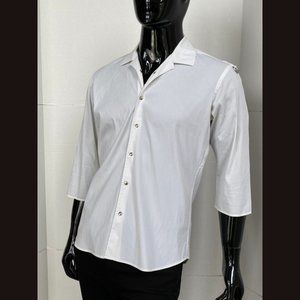 Prada White 3/4 Short Sleeve Snap Front Cotton Elastan Shirt Sz 16 Silver Detail